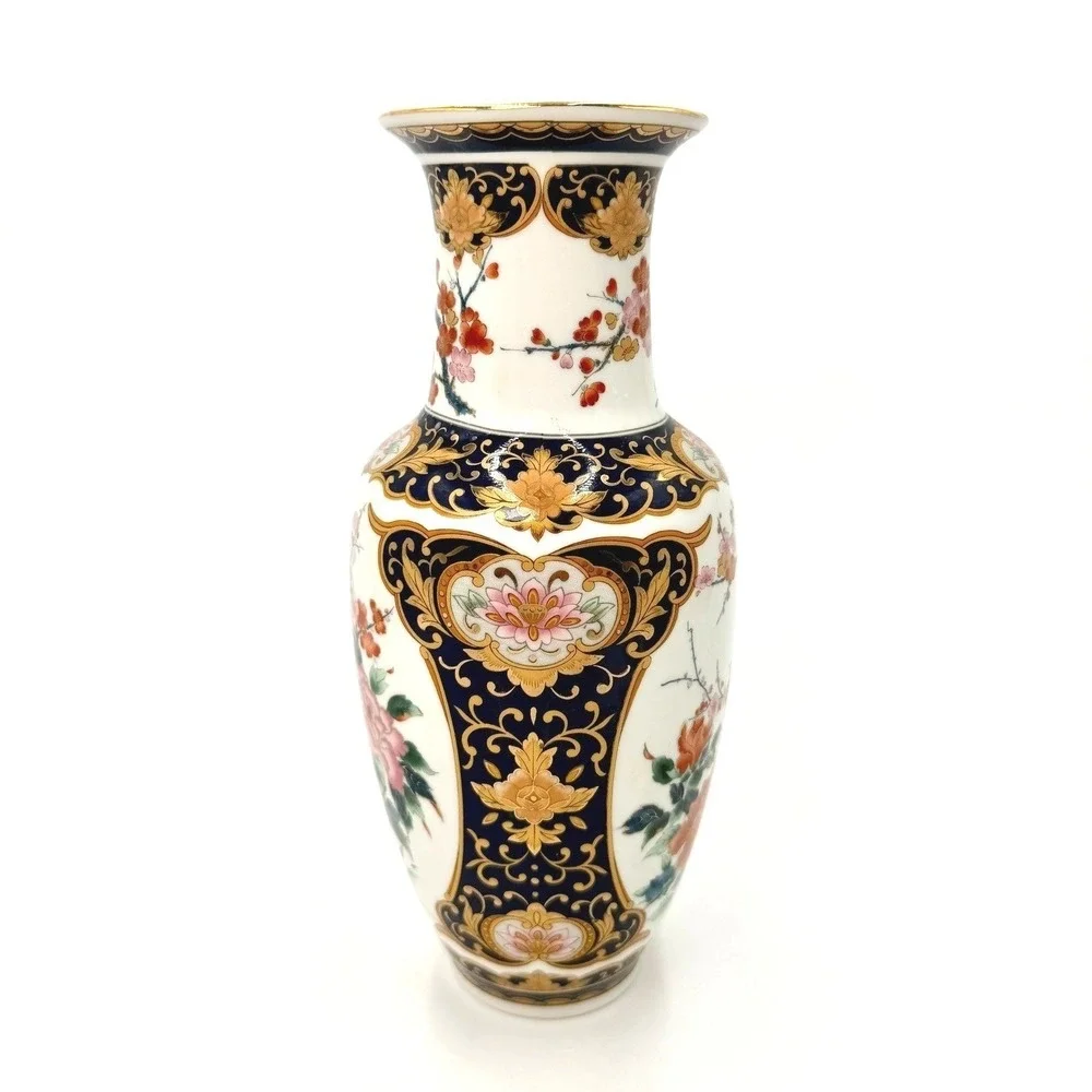 Otagiri Japan Porcelain Floral Imari Style Vase‎ Cobalt Blue Gold Gilt Trim